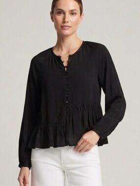 Olivaceous | Black LS Peplum Asymmetrical Hem Blouse | S